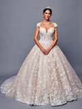Wholesale Lace Ball Gown Wedding Dress with Illusion Bodice, Cap Sleeves & Cathedral Train by LADK485 - NUDE CHAMPAGNE - Dresses LAD
