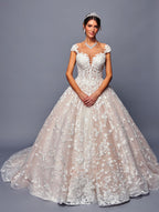 Wholesale Lace Ball Gown Wedding Dress with Illusion Bodice, Cap Sleeves & Cathedral Train by LADK485 - NUDE CHAMPAGNE - Dresses LAD