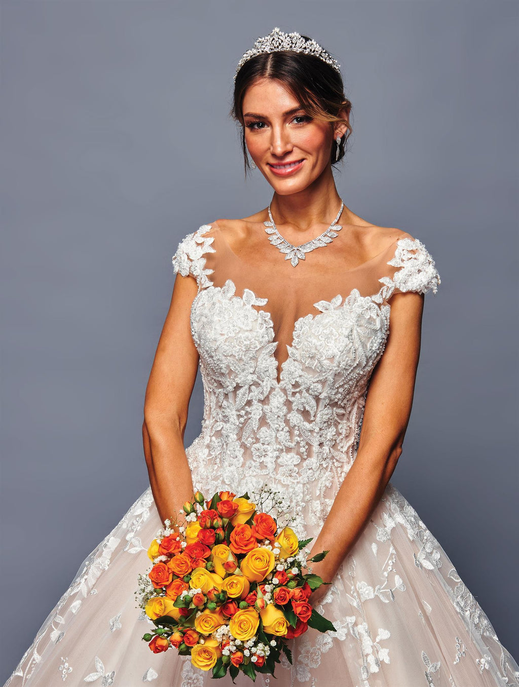 Wholesale Lace Ball Gown Wedding Dress with Illusion Bodice, Cap Sleeves & Cathedral Train by LADK485 - - Dresses LAD