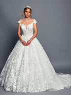Wholesale Lace Ball Gown Wedding Dress with Illusion Bodice, Cap Sleeves & Cathedral Train by LADK485 - NUDE IVORY - Dresses LAD