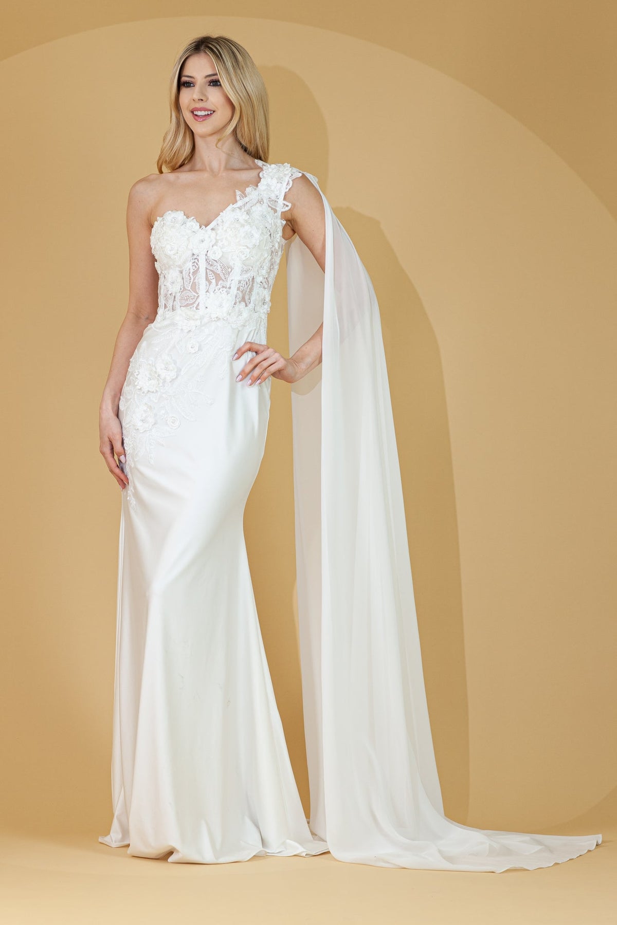 La Merchandise LAA388 One Shoulder Cape Floral Red Carpet Evening Gown - WHITE - LAA