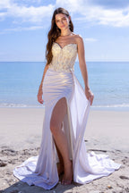 Wholesale Beaded Corset Wedding Dress with High Slit Satin Bridal Gown with Lace-Up Back by LAA2055 - IVORY - Dresses LAA