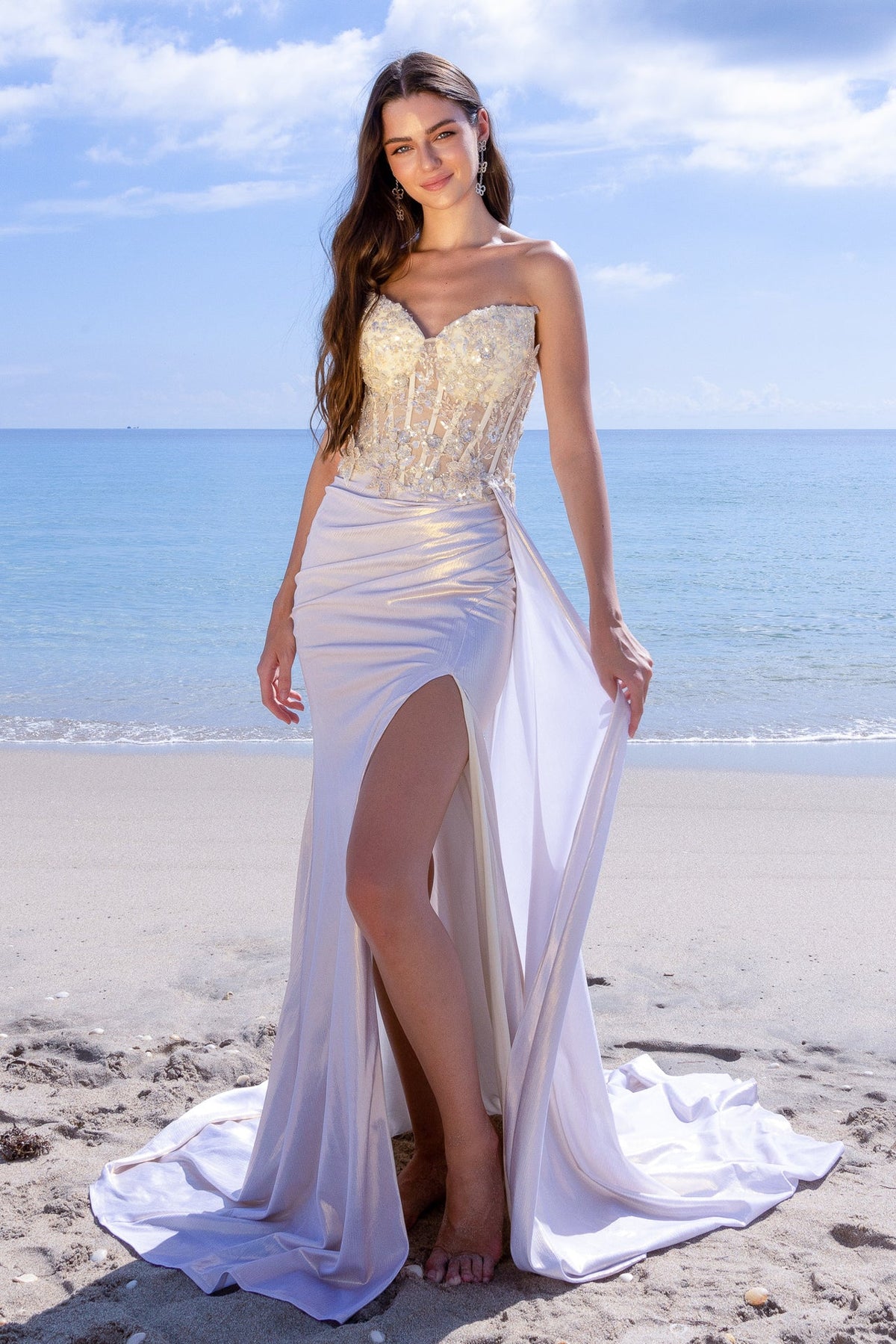 Wholesale Beaded Corset Wedding Dress with High Slit Satin Bridal Gown with Lace-Up Back by LAA2055 - IVORY - Dresses LAA