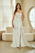 Wholesale Strapless Lace Corset Wedding Dress with Sweetheart Neckline, Side Slit by LAA2076 - WHITE - Wedding Dress LAA