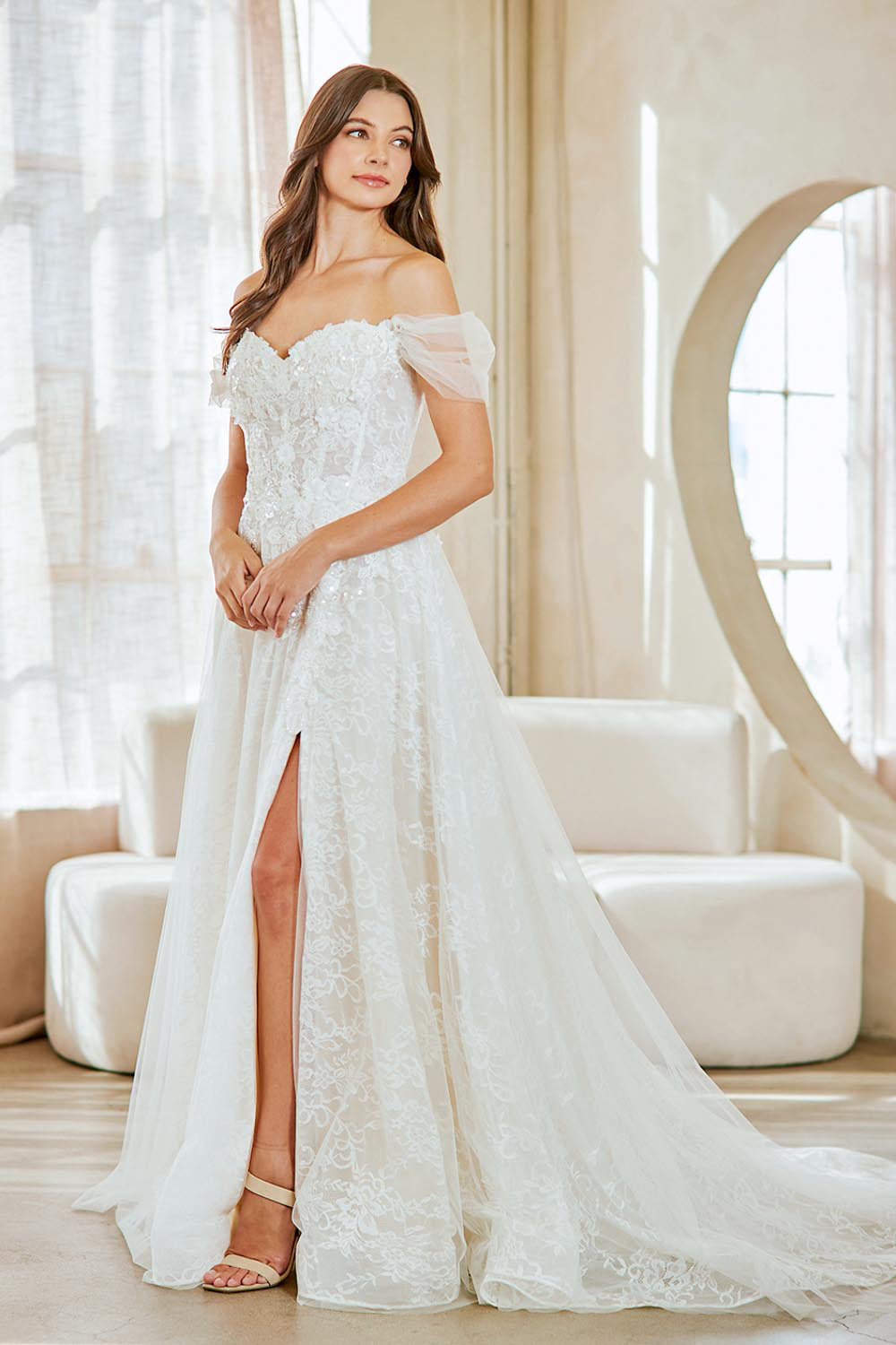 LAA2139 Wholesale Off-Shoulder Sweetheart Lace A-Line Wedding Dress with Slit & Chapel Train - - Wedding Dress LAA