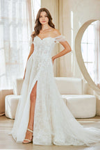 LAA2139 Wholesale Off-Shoulder Sweetheart Lace A-Line Wedding Dress with Slit & Chapel Train - - Wedding Dress LAA