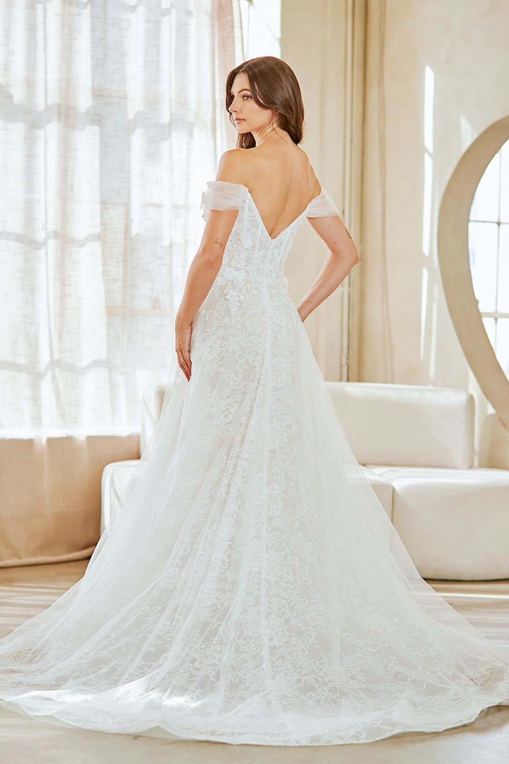 LAA2139 Wholesale Off-Shoulder Sweetheart Lace A-Line Wedding Dress with Slit & Chapel Train - - Wedding Dress LAA