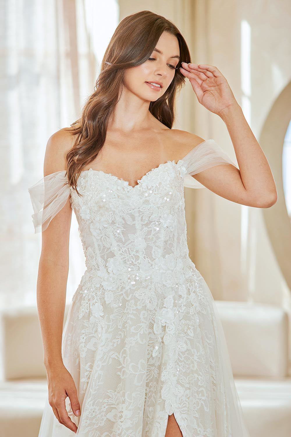 LAA2139 Wholesale Off-Shoulder Sweetheart Lace A-Line Wedding Dress with Slit & Chapel Train - - Wedding Dress LAA