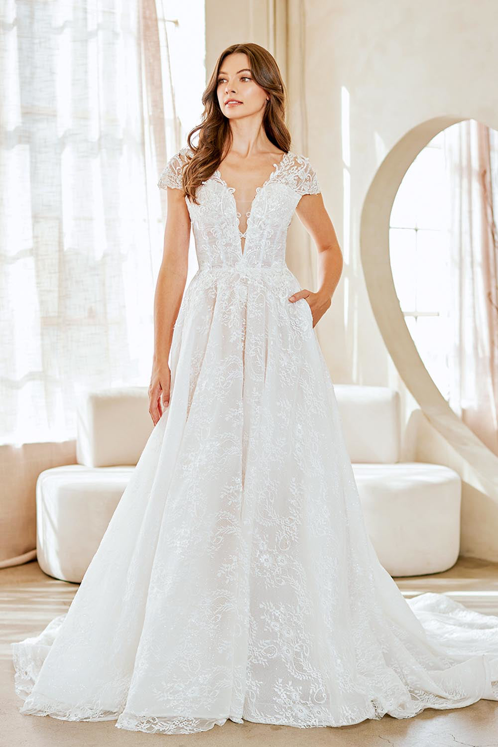 LAA2142 White Wholesale Cap Sleeve Illusion Wedding Dress Plunging V-Neck Open Back Bridal Gown - - Wedding Dress LAA