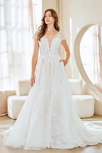 LAA2142 White Wholesale Cap Sleeve Illusion Wedding Dress Plunging V-Neck Open Back Bridal Gown - - Wedding Dress LAA