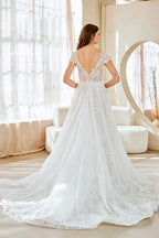 LAA2142 White Wholesale Cap Sleeve Illusion Wedding Dress Plunging V-Neck Open Back Bridal Gown - - Wedding Dress LAA