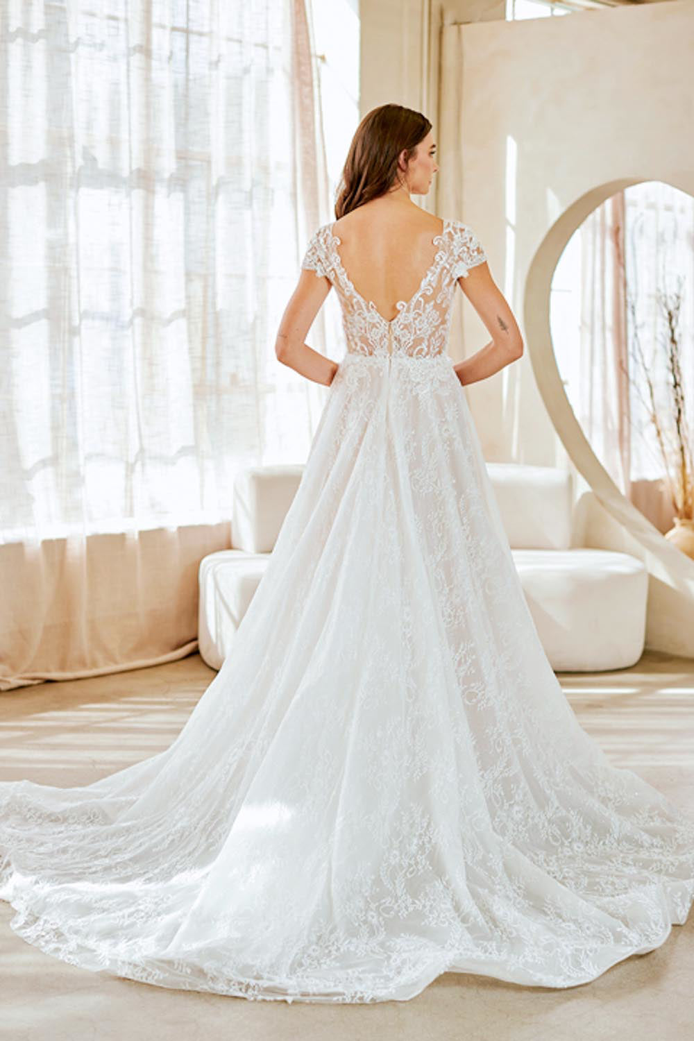 LAA2142 White Wholesale Cap Sleeve Illusion Wedding Dress Plunging V-Neck Open Back Bridal Gown - - Wedding Dress LAA