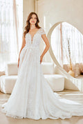 LAA2142 White Wholesale Cap Sleeve Illusion Wedding Dress Plunging V-Neck Open Back Bridal Gown - WHITE - Wedding Dress LAA