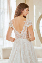 LAA2142 White Wholesale Cap Sleeve Illusion Wedding Dress Plunging V-Neck Open Back Bridal Gown - - Wedding Dress LAA