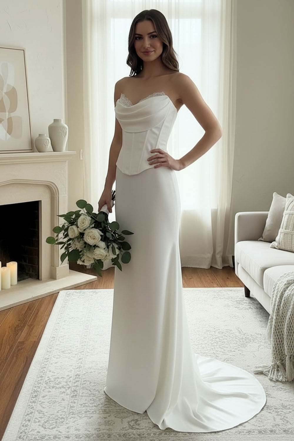 LAA6137 Wholesale Strapless Corset Wedding Dress Satin Sheath Bridal Gown with Lace-Up Back - - Wedding Dress LAA