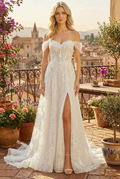 LAA2139 Wholesale Off-Shoulder Sweetheart Lace A-Line Wedding Dress with Slit & Chapel Train - White - Wedding Dress LAA