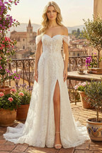 LAA2139 Wholesale Off-Shoulder Sweetheart Lace A-Line Wedding Dress with Slit & Chapel Train - White - Wedding Dress LAA