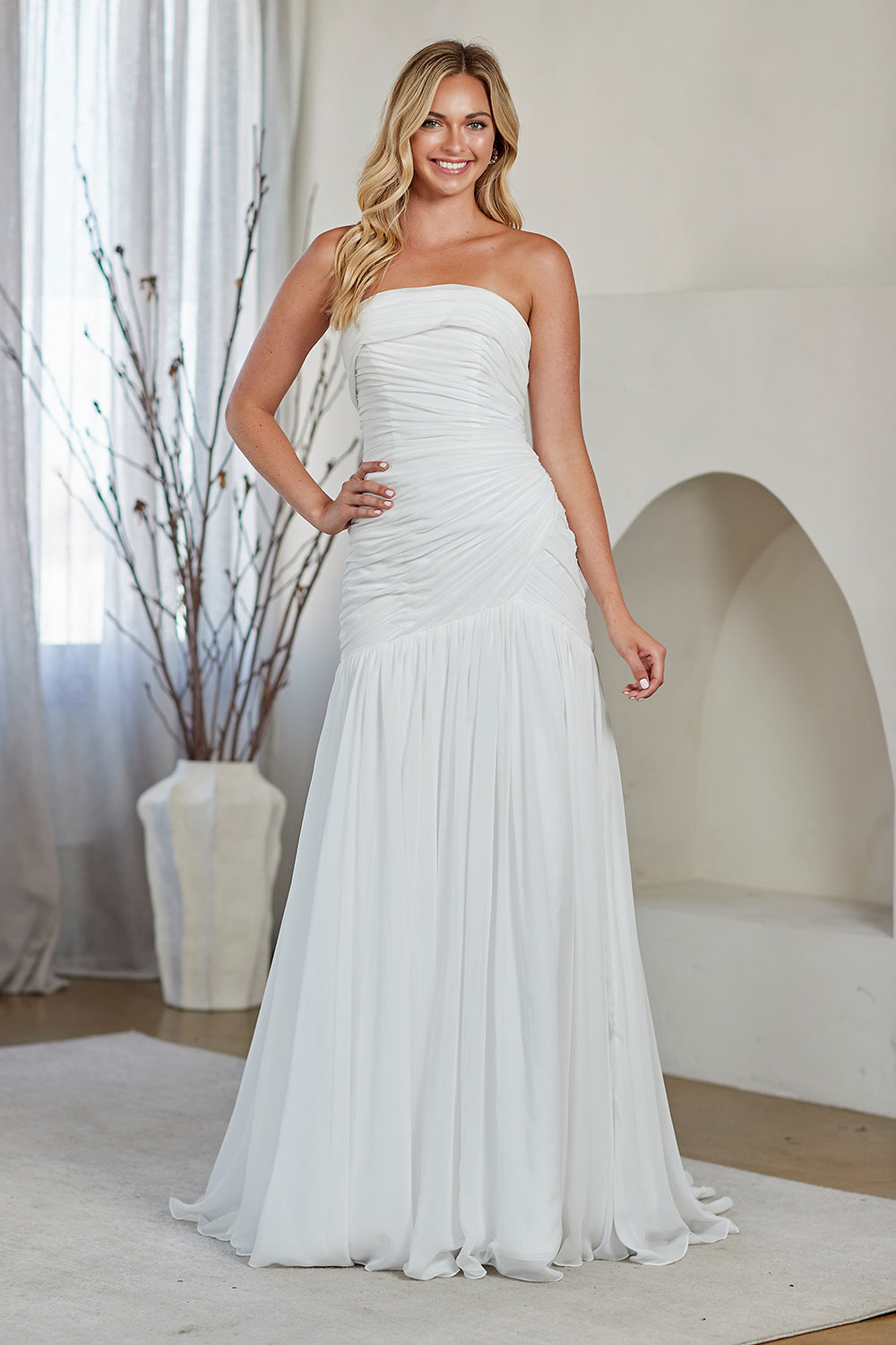 Wholesale Strapless Ruched Chiffon Dress with Lace-Up Back Bridal Gown with Sweep Train by LAA6132 - WHITE - Wedding Dress LAA
