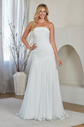 Wholesale Strapless Ruched Chiffon Dress with Lace-Up Back Bridal Gown with Sweep Train by LAA6132 - WHITE - Wedding Dress LAA