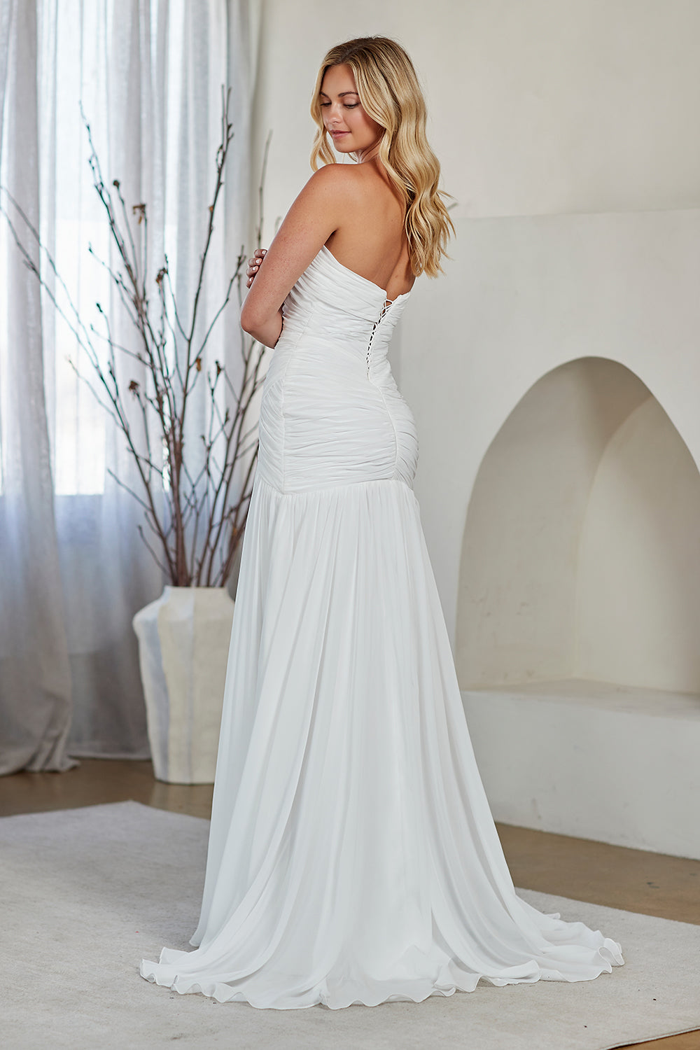Wholesale Strapless Ruched Chiffon Dress with Lace-Up Back Bridal Gown with Sweep Train by LAA6132 - - Wedding Dress LAA