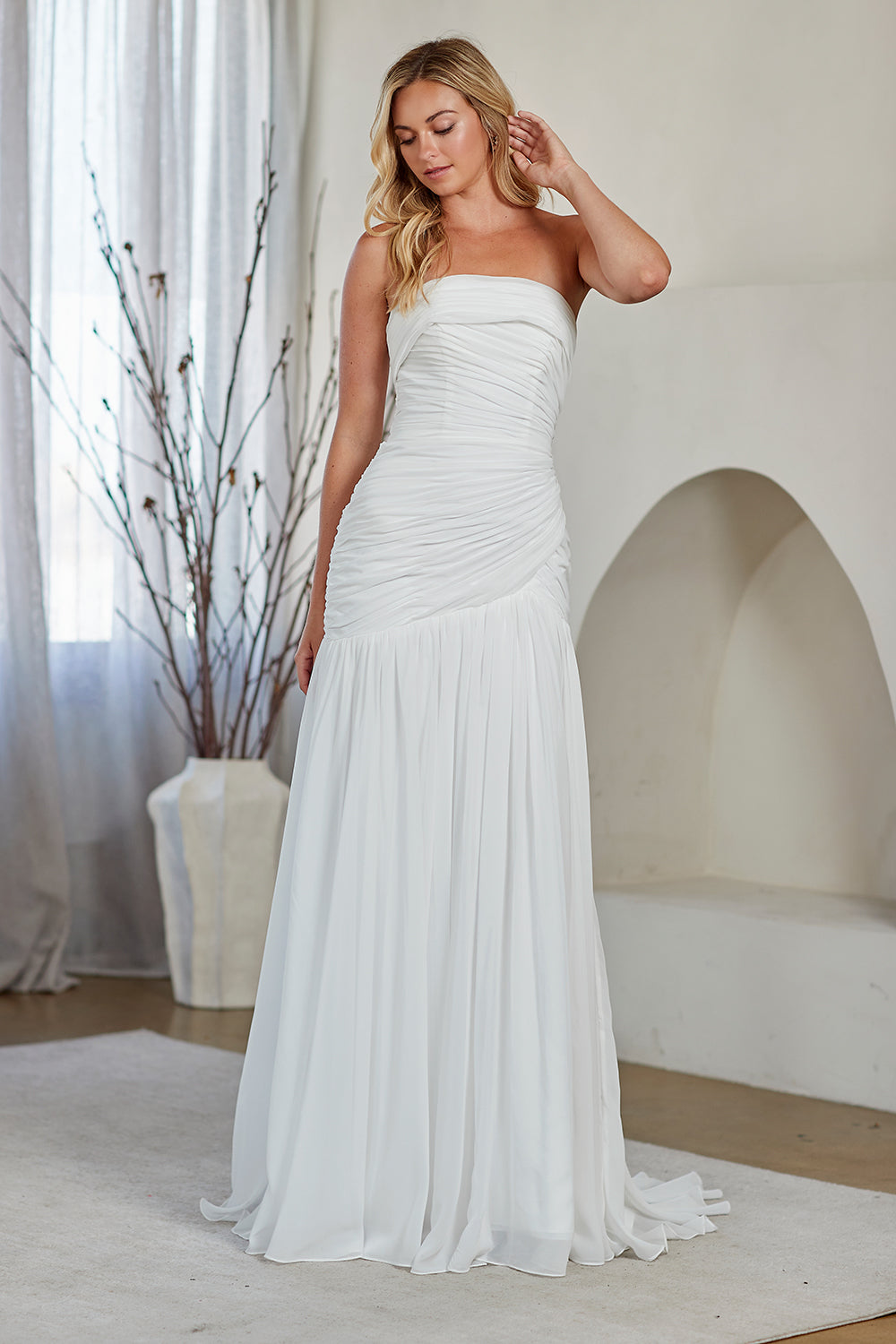 Wholesale Strapless Ruched Chiffon Dress with Lace-Up Back Bridal Gown with Sweep Train by LAA6132 - - Wedding Dress LAA