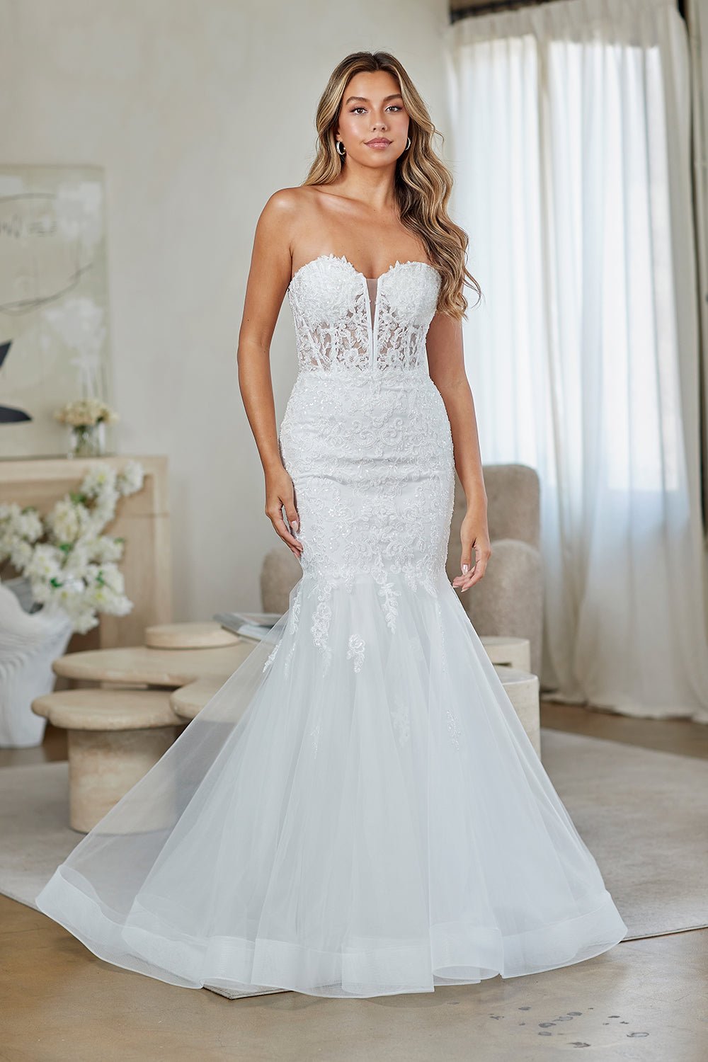 LAA7090 Wholesale White Strapless Sweetheart Illusion Lace Mermaid Wedding Dress with Corset Back - WHITE - Wedding Dress LAA