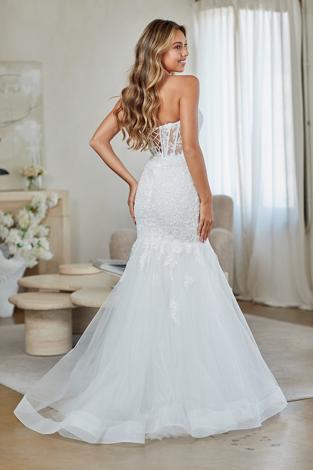 LAA7090 Wholesale White Strapless Sweetheart Illusion Lace Mermaid Wedding Dress with Corset Back - - Wedding Dress LAA