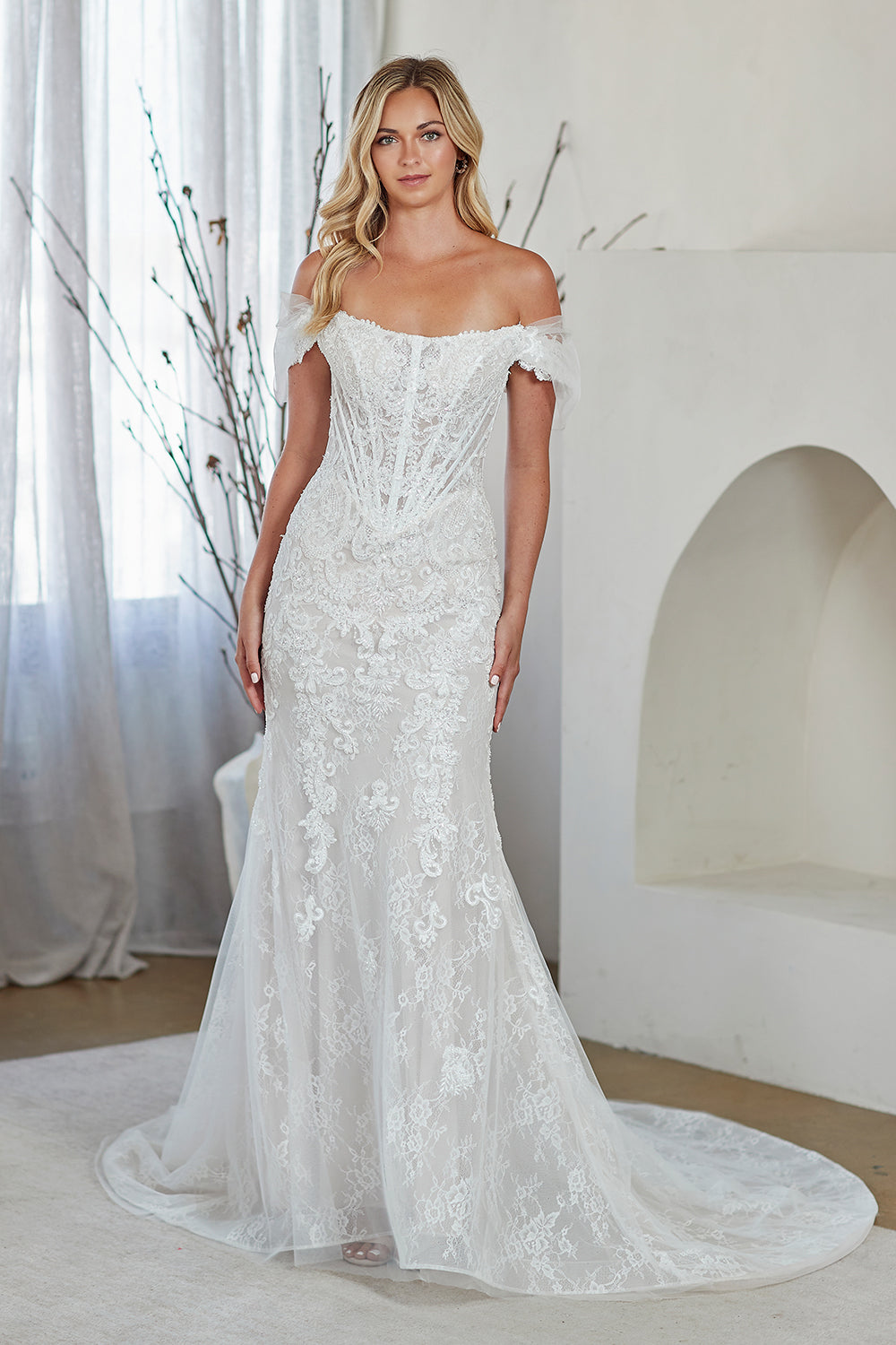 LAA2153 Wholesale White Off-the-Shoulder Lace Wedding Dress Corset Bodice Bridal Gown with Train - - Wedding Dress LAA