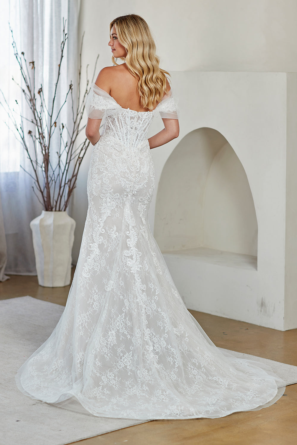 LAA2153 Wholesale White Off-the-Shoulder Lace Wedding Dress Corset Bodice Bridal Gown with Train - - Wedding Dress LAA