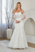 LAA2155 Wholesale White Strapless Sweetheart Lace Mermaid Wedding Dress with Detachable Long Sleeves Glove - WHITE - Wedding Dress LAA