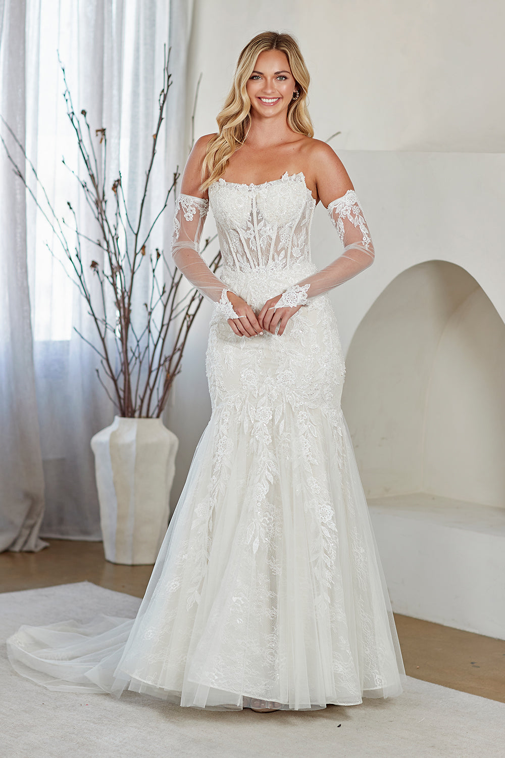 LAA2155 Wholesale White Strapless Sweetheart Lace Mermaid Wedding Dress with Detachable Long Sleeves Glove - WHITE - Wedding Dress LAA