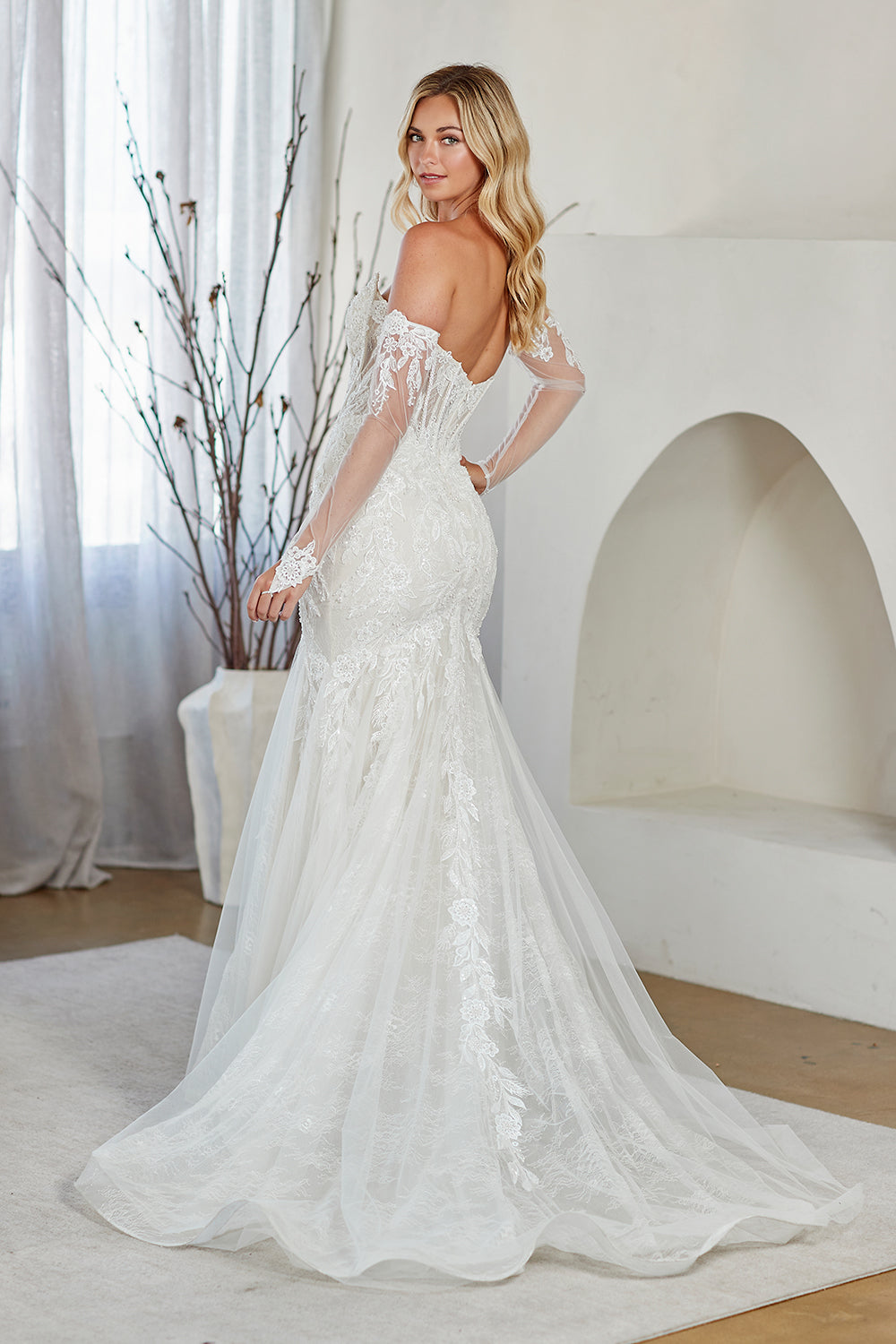 LAA2155 Wholesale White Strapless Sweetheart Lace Mermaid Wedding Dress with Detachable Long Sleeves Glove - - Wedding Dress LAA