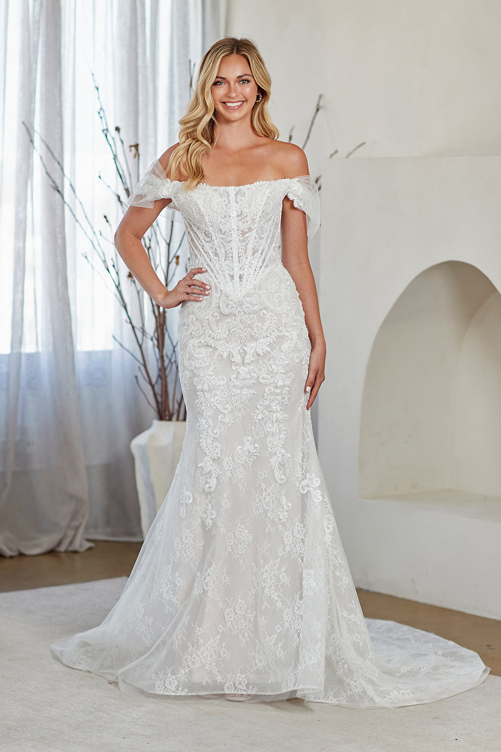 LAA2153 Wholesale White Off-the-Shoulder Lace Wedding Dress Corset Bodice Bridal Gown with Train - WHITE - Wedding Dress LAA