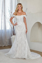 LAA2153 Wholesale White Off-the-Shoulder Lace Wedding Dress Corset Bodice Bridal Gown with Train - WHITE - Wedding Dress LAA