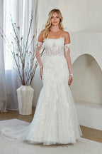 LAA2155 Wholesale White Strapless Sweetheart Lace Mermaid Wedding Dress with Detachable Long Sleeves Glove - - Wedding Dress LAA