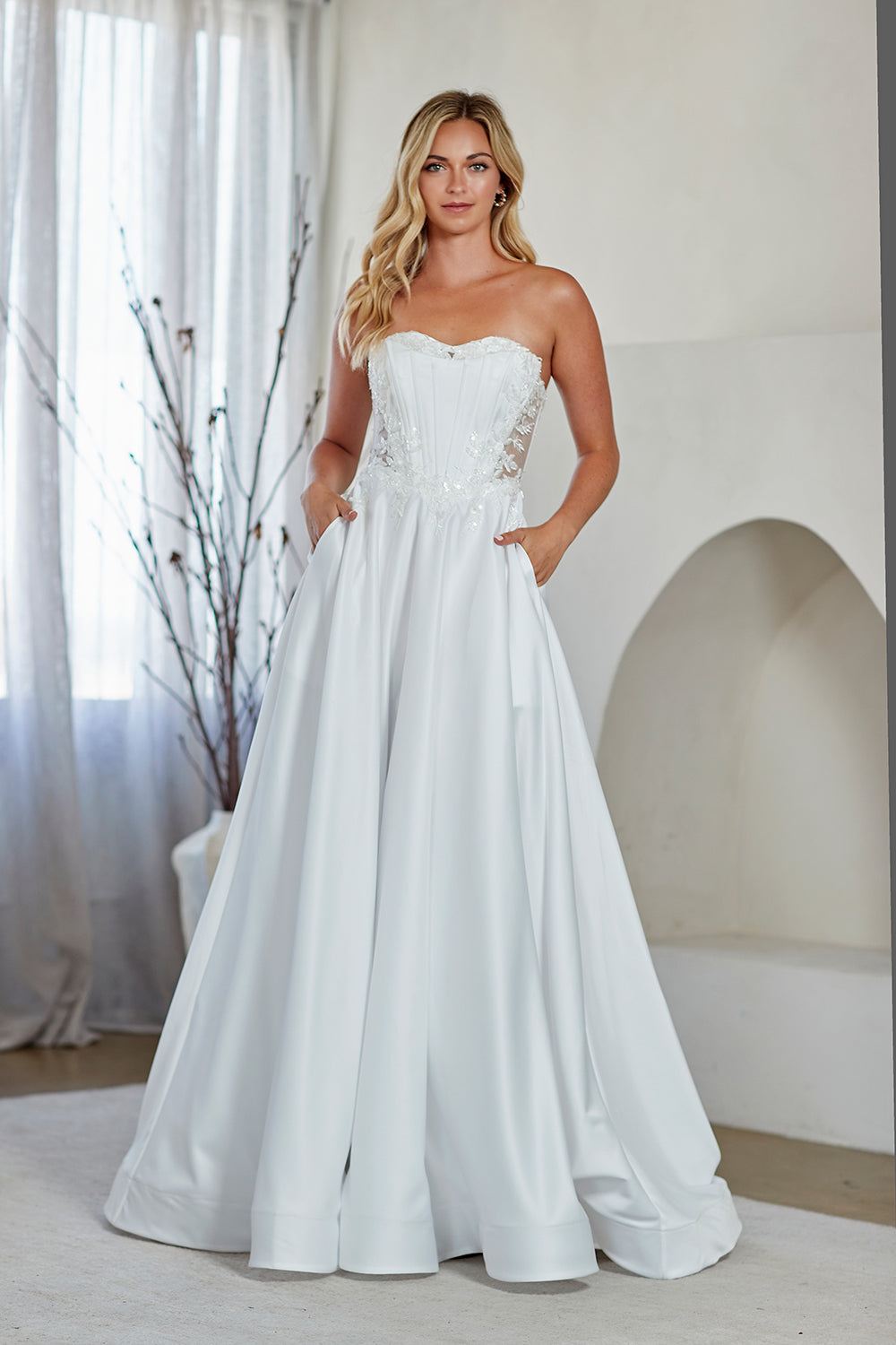 LAA7093 Wholesale White Strapless Corset Wedding Dress with Illusion Lace Bodice A-Line Satin Skirt - WHITE - Wedding Dress LAA