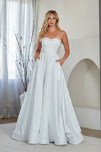 LAA7093 Wholesale White Strapless Corset Wedding Dress with Illusion Lace Bodice A-Line Satin Skirt - WHITE - Wedding Dress LAA