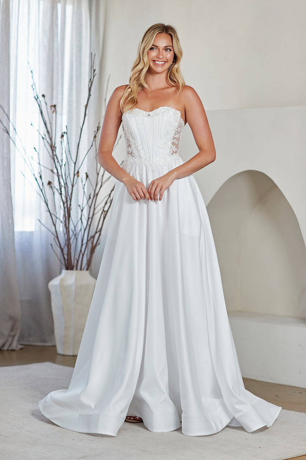 LAA7093 Wholesale White Strapless Corset Wedding Dress with Illusion Lace Bodice A-Line Satin Skirt - - Wedding Dress LAA