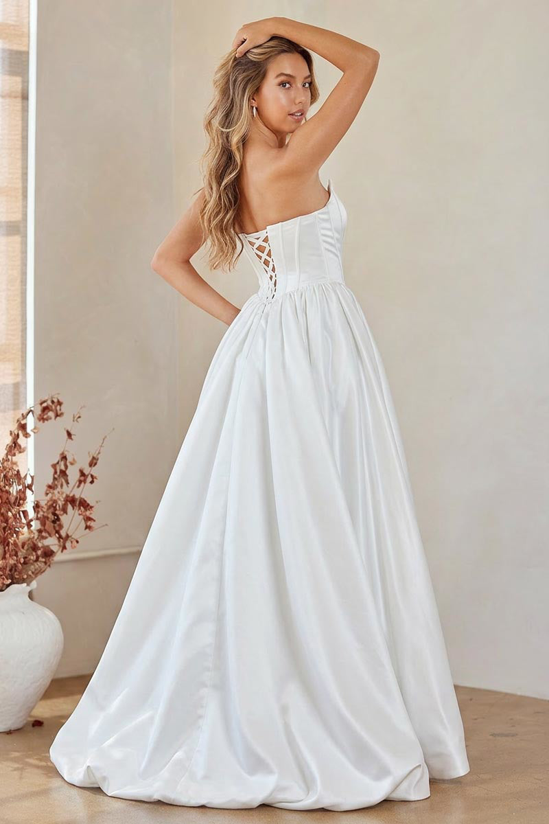 LAA2085 Wholesale White Strapless Corset Back A-Line Wedding Dress Satin Bridal Gown with Train - - Wedding Dress LAA