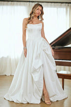 LAA2085 Wholesale White Strapless Corset Back A-Line Wedding Dress Satin Bridal Gown with Train - WHITE - Wedding Dress LAA