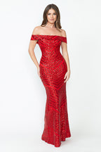 La Merchandise LAF5224 Sequined Off Shoulder Prom Wholesale Formal Gown - RED - LAF