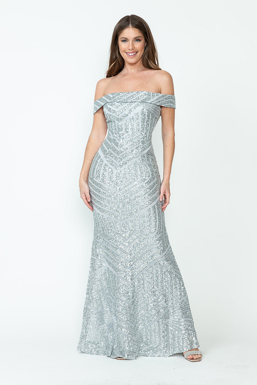 La Merchandise LAF5224 Sequined Off Shoulder Prom Wholesale Formal Gown - SILVER - LAF