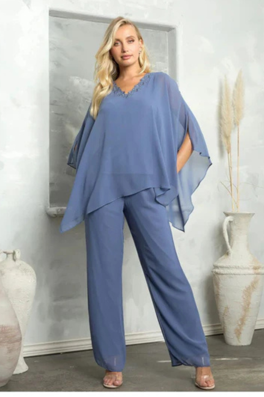 Two-Piece Formal Cold Shoulder Cape Pant Set By LA Merchandise LAV3463 - - Pant Suit LAV