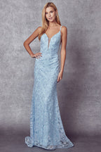 La Merchandise LAT272 Long Spaghetti Strap Prom Embroidered Lace Dress - BABY BLUE - LAT
