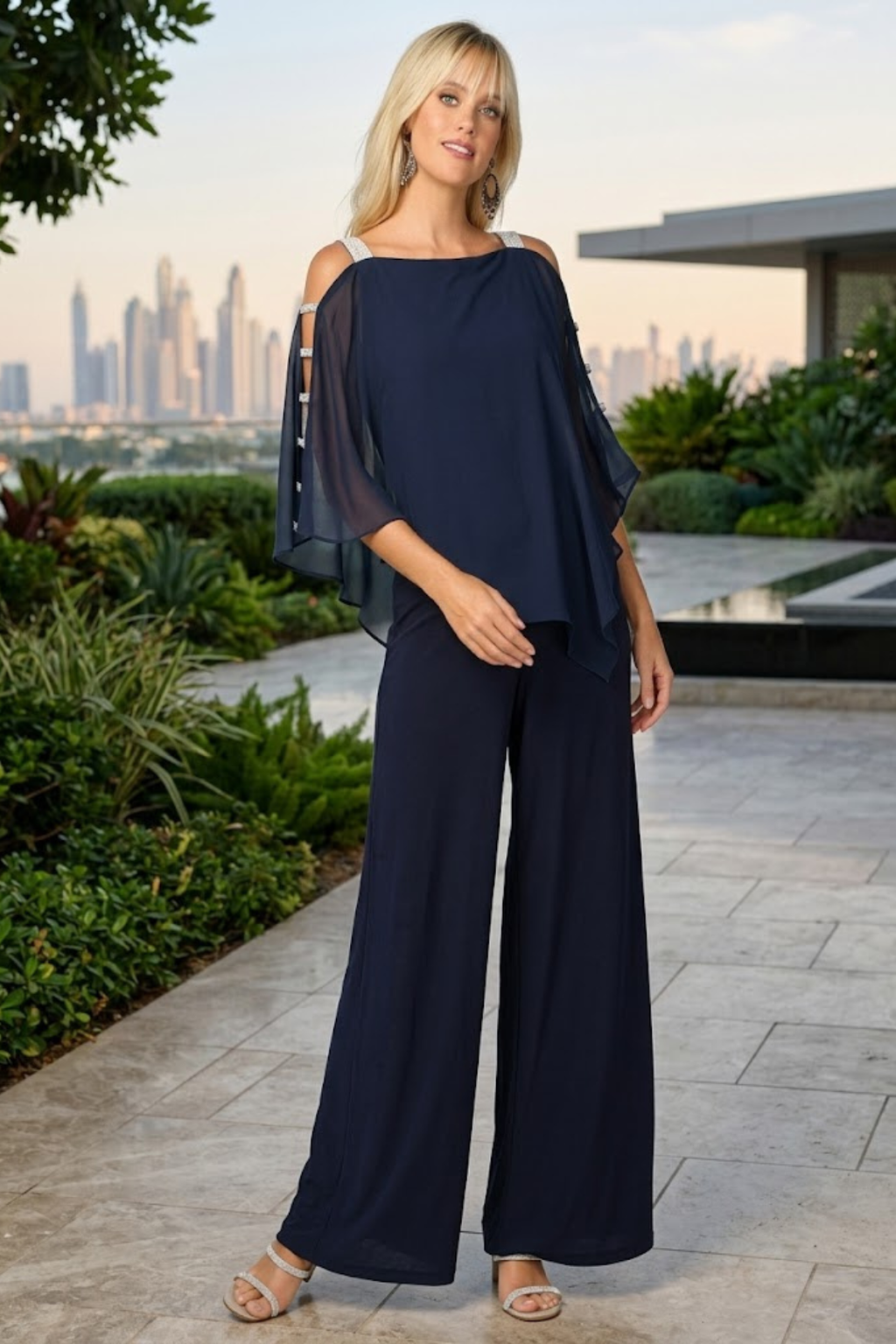Cape Overlay Stretch Jersey Formal Jumpsuit By LA Merchandise LAV3381 - - Dress LAV