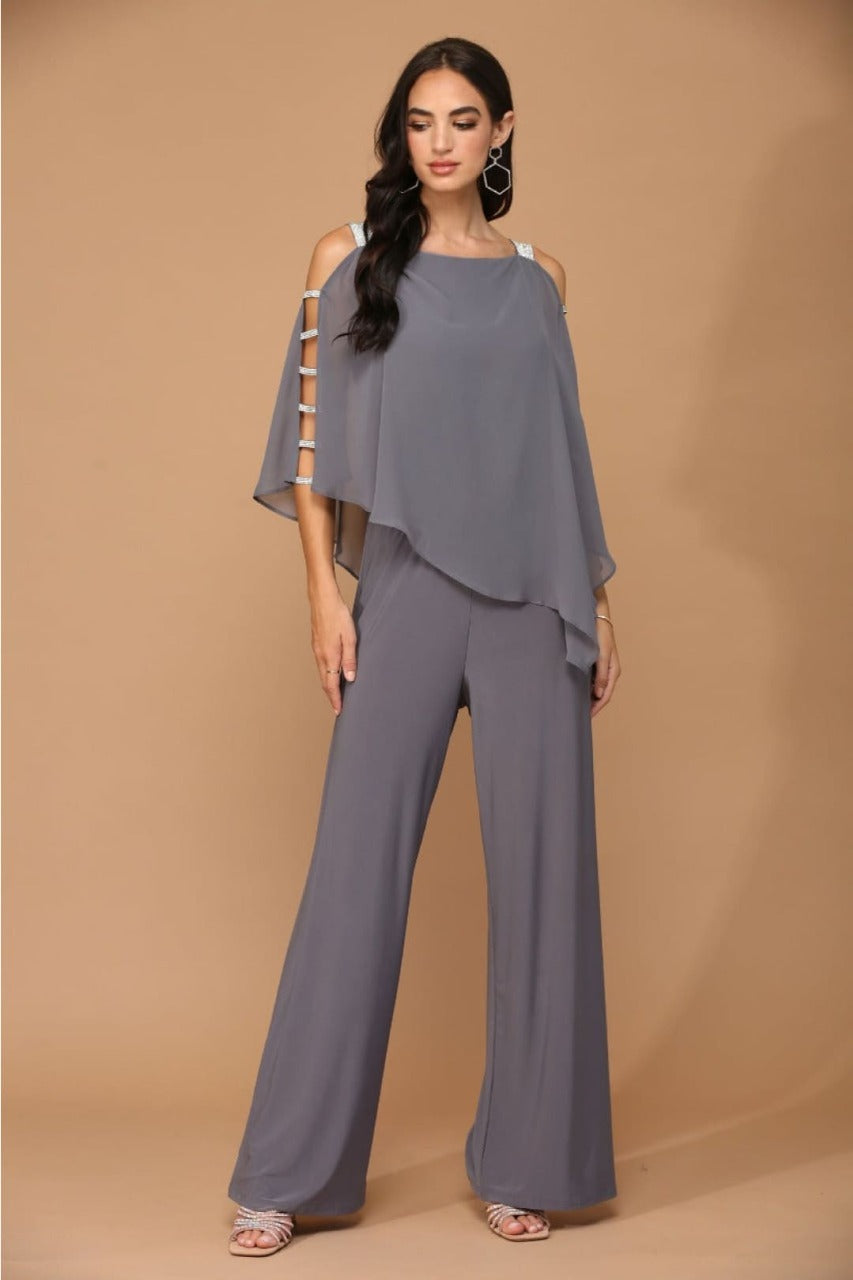 Cape Overlay Stretch Jersey Formal Jumpsuit By LA Merchandise LAV3381 - - Dress LAV