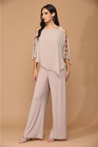 Cape Overlay Stretch Jersey Formal Jumpsuit By LA Merchandise LAV3381 - COCOA - Dress LAV