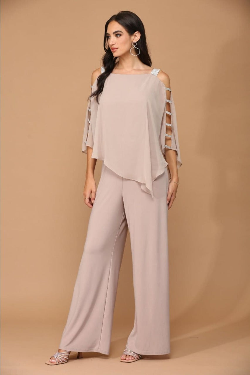 Cape Overlay Stretch Jersey Formal Jumpsuit By LA Merchandise LAV3381 - COCOA - Dress LAV