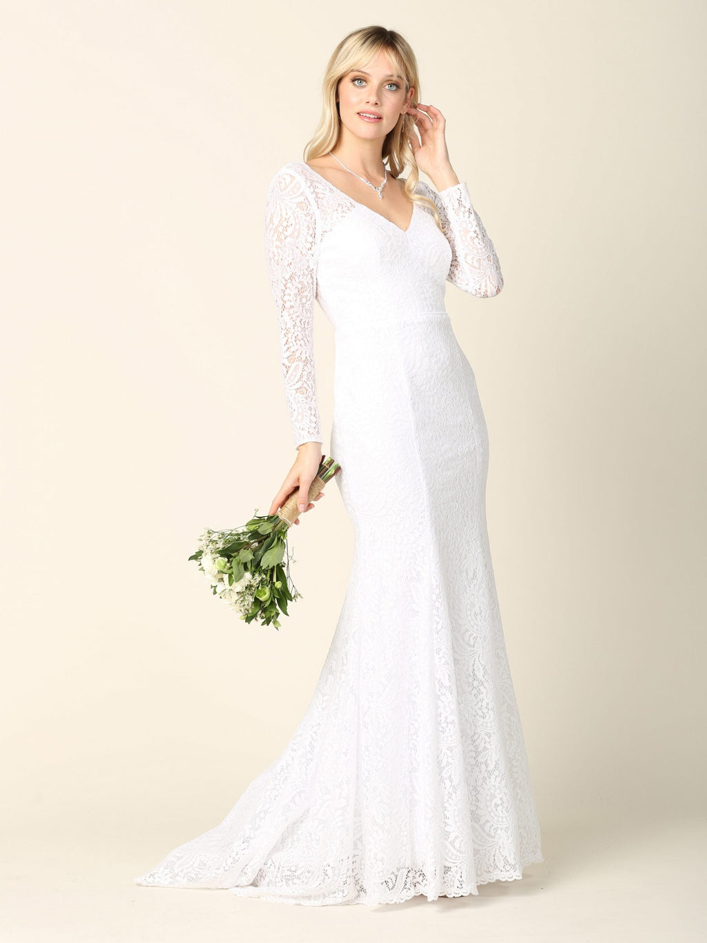 LA Merchandise LAV3407 Long Sleeve Lace Mermaid Wedding Dress with V-Neckline, Low Back, and Train - IVORY - Wedding Dress LAV
