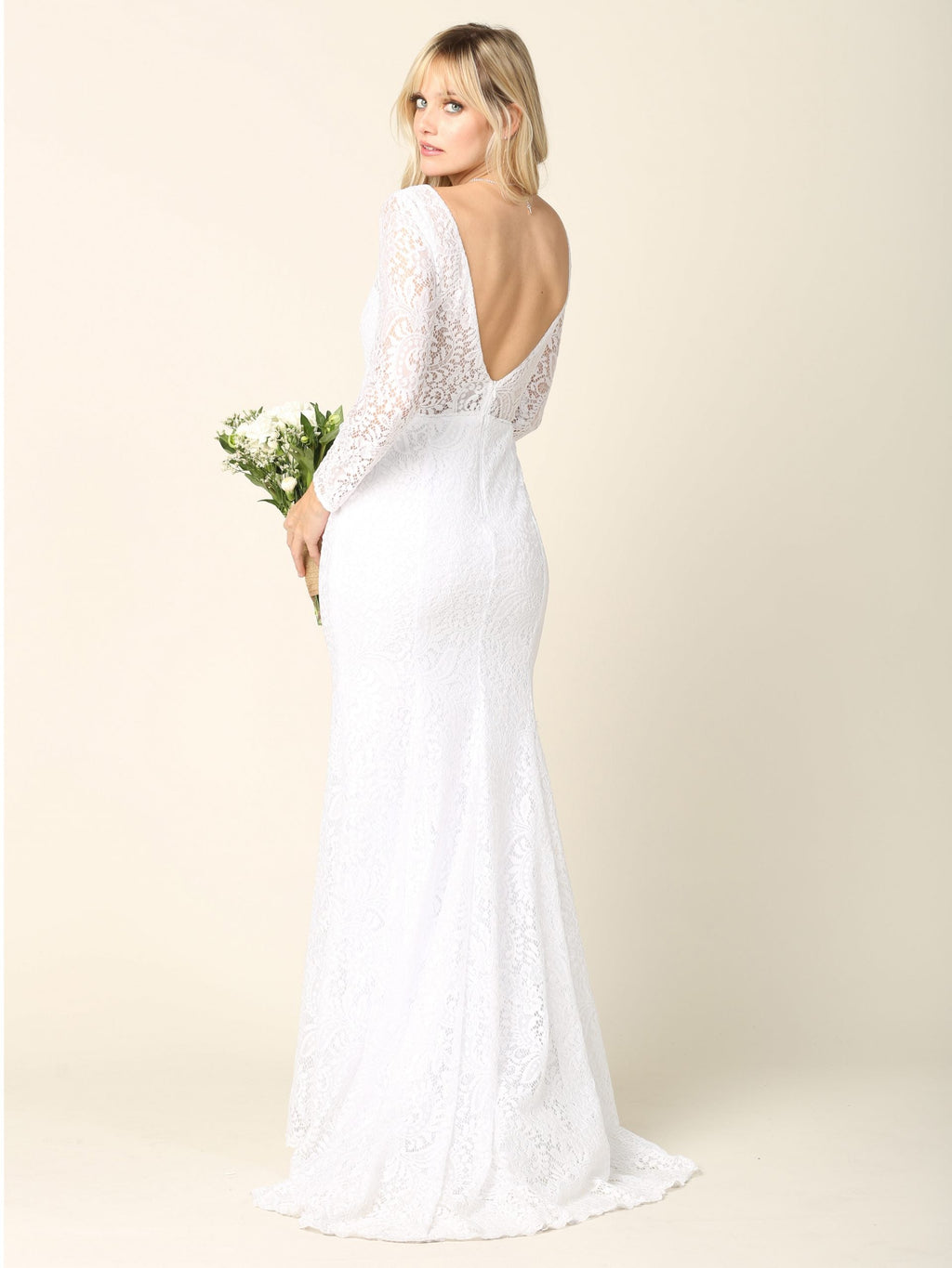 LA Merchandise LAV3407 Long Sleeve Lace Mermaid Wedding Dress with V-Neckline, Low Back, and Train - - Wedding Dress LAV